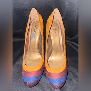 Paprika Multicolor Striped Suede Pumps in Mustard, Plum & Cobalt